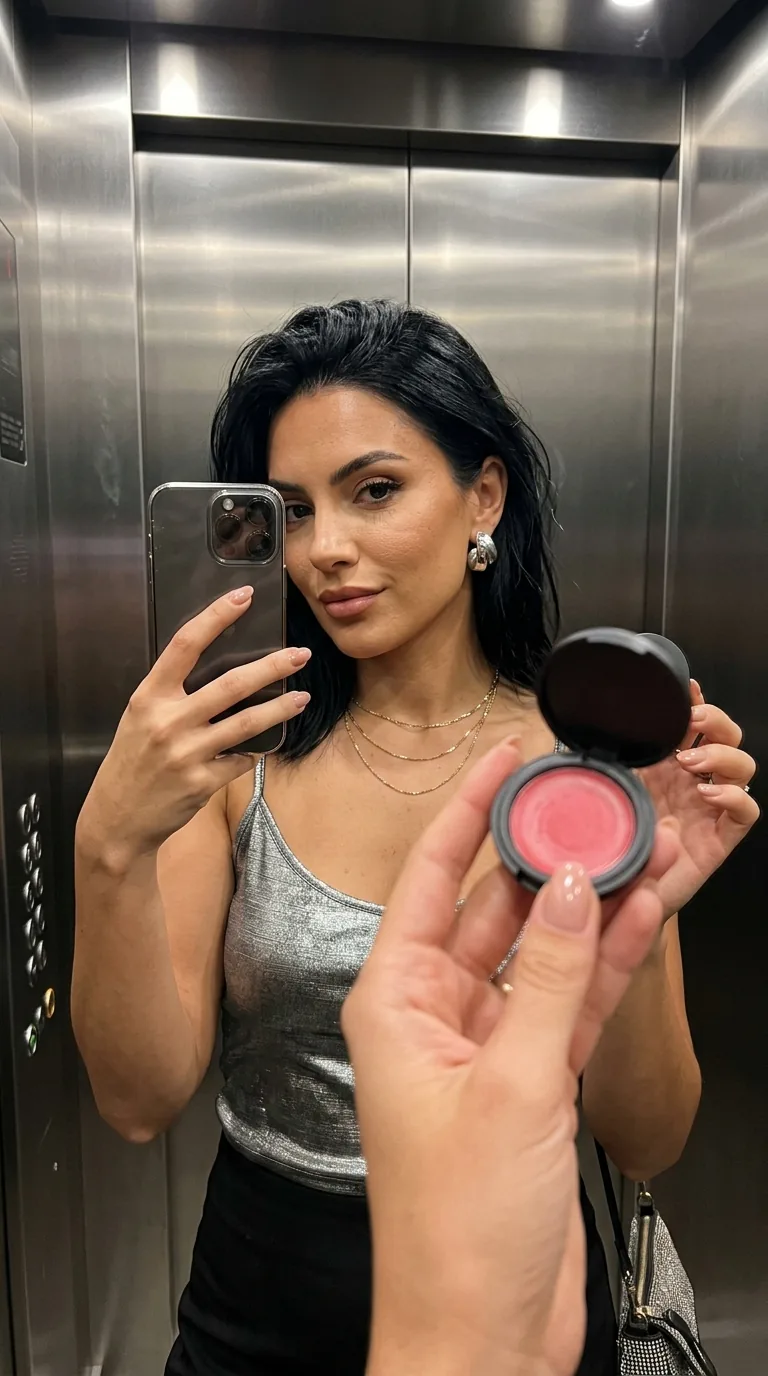 Synthetic beauty creator holding cream blush in an elevator mirror