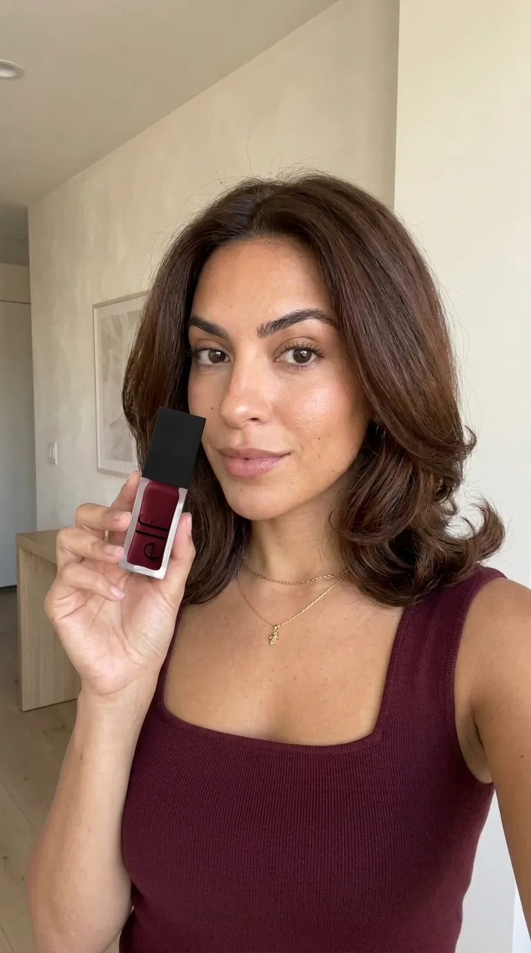 Synthetic beauty creator holding e.l.f. Glow Reviver Lip Oil