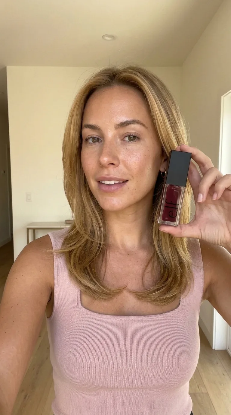 Synthetic beauty creator holding e.l.f. Glow Reviver Lip Oil in Jam Session