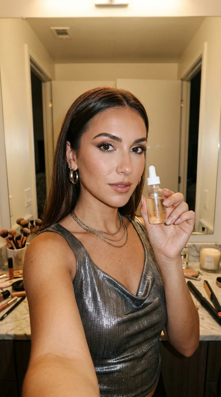 Synthetic beauty creator showing a product texture before a night out